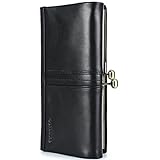 LOXO CASE Leder Damen Geldbörse Reißverschluss - 100% Rindleder mit 6 Kartenfächern & Kiss Lock - Schlanke Vintage Brieftasche,Black