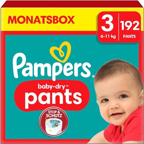Pampers Baby-Dry Pants Größe 3, 192 Windeln, 6kg - 11kg, Mit Stop und Schutz Täschchen, Das Hilft, Auslaufen Am Rücken Zu Verhindern