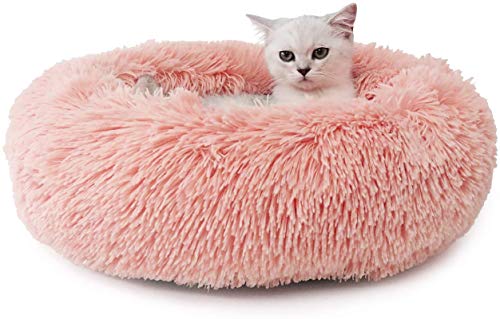 Hunde- und Katzenbett aus Plüsch, Donut für große, mittelgroße und kleine Hunde und Katzen, beruhigend, flauschig, weich, kuschelig, rundes Haustiernest, Pink, S 50 cm