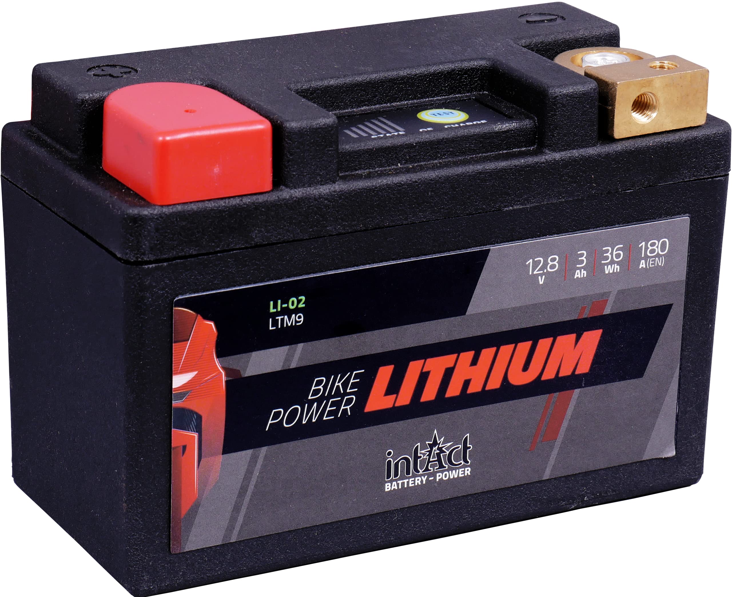 intAct - LITHIUM MOTORRADBATTERIE | Batterie für Roller, Motorrad, Quads uvm. Bis zu 75% Gewichtseinsparung | Bike-Power LI-02, LTM9, 12,8V Batterie, 3 AH (c10), 36 Wh, 180 A (CCA) | Maße: 134x65x92mm