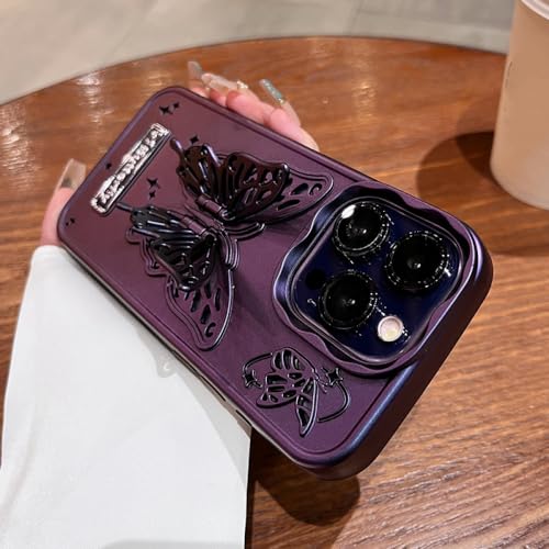 ORBANA Luxuriöse Handyhülle mit Schmetterlingshalterung für iPhone 12 13 14 15 Pro Max, Stoßstange, weicher Silikon-Ständer, stoßfeste Hüllen, lila, für iPhone 14