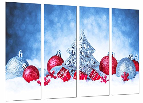 Wandbild - Weihnachtsverzierungen, silberner Weihnachtsbaum, rote Bälle, 131 x 62 cm, Holzdruck - XXL Format - Kunstdruck, ref.27058