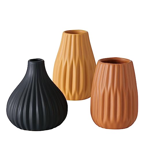 Blumenvase aus Keramik im 3er Set Mattes Design Mehrfarbig Höhe 14 cm Tischdekoration Moderne Vase Tischvase - Schwarz Braun