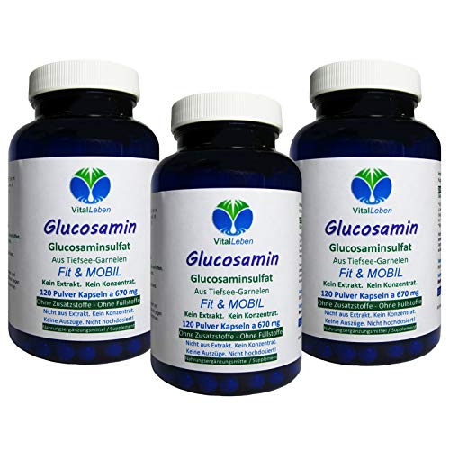 Fit & MOBIL GLUCOSAMIN Glucosaminsulfat - 360 (3x120) Pulver Kapseln - HOCHWIRKSAM aus Tiefseekrabben - Keine Tabletten - Kein Konzentrat - Nicht hochdosiert - Ohne ZUSATZSTOFFE. 26500-3