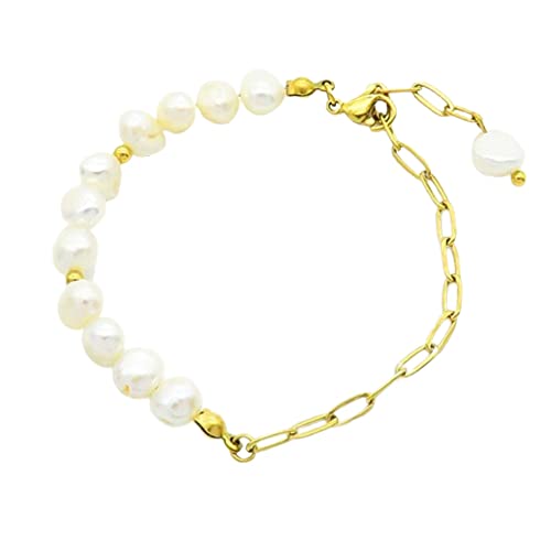 Bungsa Duo-Armband Mixkette halb Perlen halb ovale Kettenglieder aus Edelstahl Unisex (Gold)