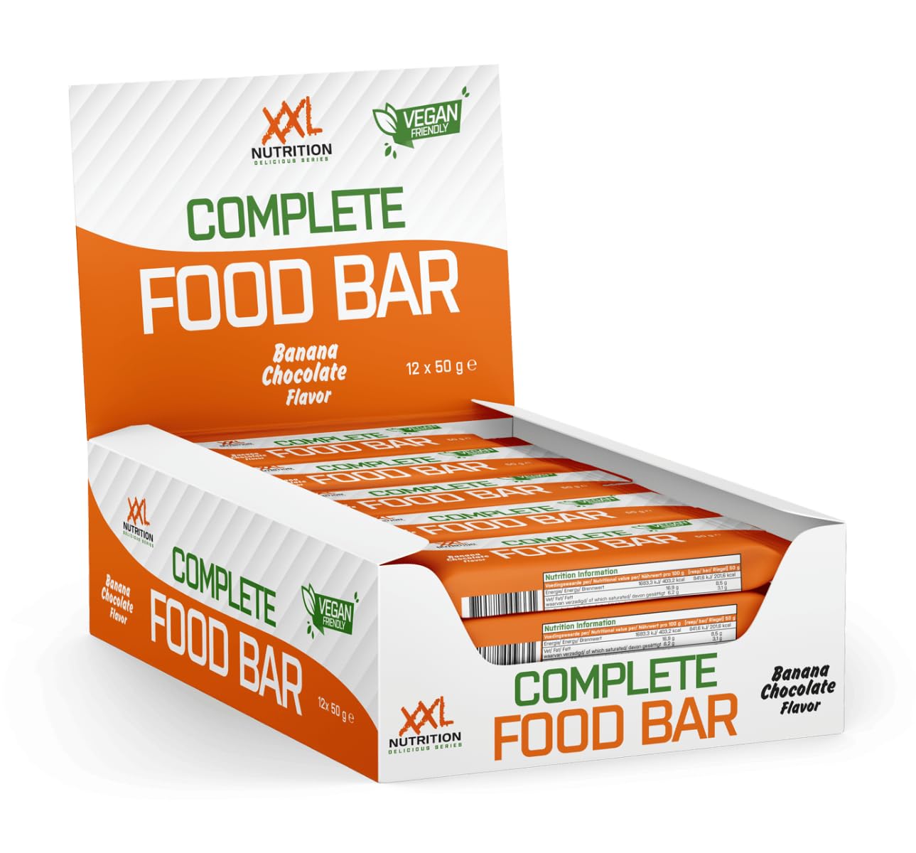 XXL Nutrition - Complete Food Bar - Bananen Schokoladenaroma, Pflanzlich, Vegan Freundlich, 100% Natürliche Inhaltsstoffe aus echtem Essen, Eiweissriegel - 12-pack