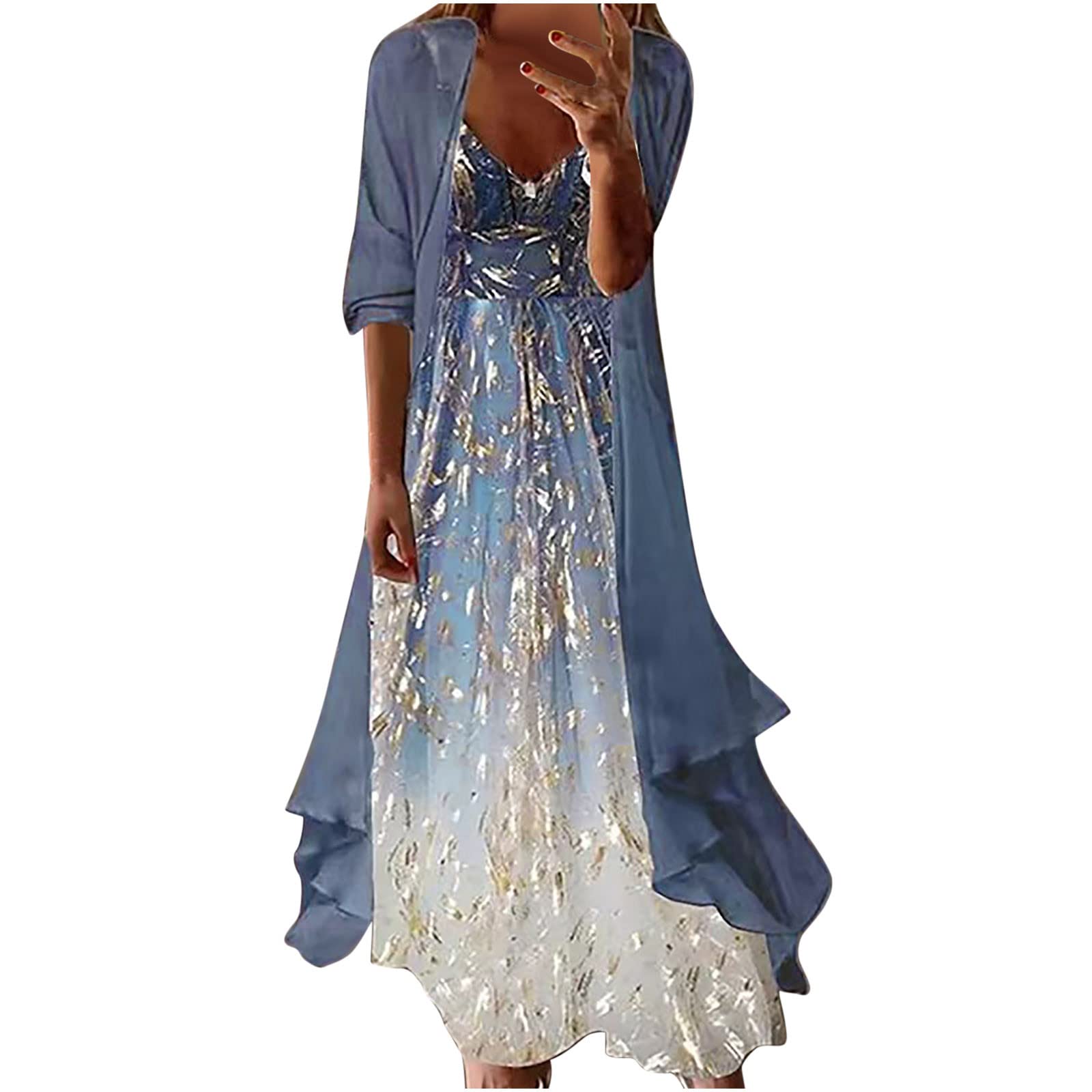 Abendkleid Elegant für Hochzeit Damen Spaghetti Maxikleid Trägerkleid Boho Blumendruck Langes Kleid mit Chiffon Jacke Zweiteiler Brautmutterkleid Ärmellos Partykleid Ballkleid Festlich Cocktailkleid