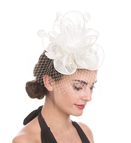 Fascinator Hut Feder Mesh Netz Schleier Party Hut Ascot Hüte Blume Derby Hut mit Clip und Haarband für Frauen Gr. 38, A2-weiß
