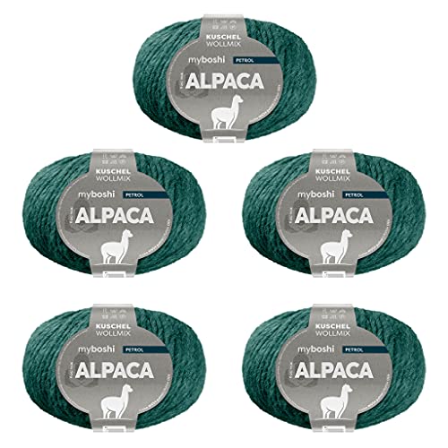 myboshi Alpaca-Wolle zum Häkeln/Stricken, temperaturregulierend, angenehm weich, für Damenoberbekleidung Blau (Petrol) 5 Knäuel