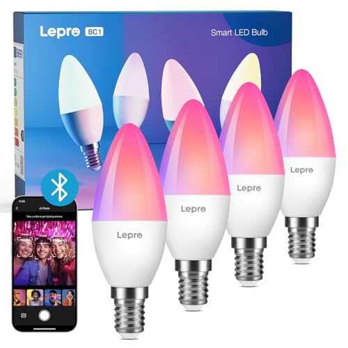 Lepro Smart Glühbirnen E14, Farbwechsel mit Mimikerkennung, Musik Sync, 16 Millionen Farben, Bluetooth LED Smart Bulb mit Timer und Gruppensteuerung, 4.9W 470Lm dimmbares LED Kerzenlicht, 4 Stück
