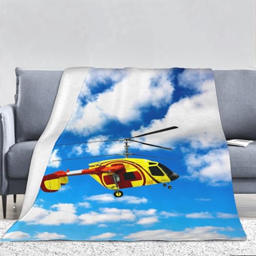 3D Hubschrauber Kuscheldecke Flauschig Flanell Blauer Himmel Weiße Wolken Decken Wohndecke Flanelldecke Sofadecke Couchdecke Geschenke für Kinder Erwachsener Decke 150x200cm
