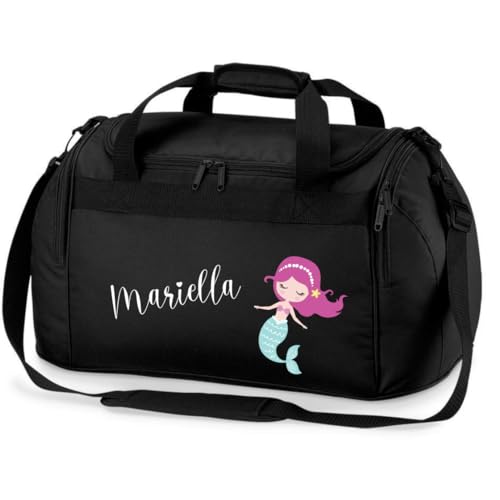 minimutz Sporttasche Schwimmen für Kinder - Personalisierbar mit Name - Schwimmtasche Meerjungfrau Duffle Bag für Mädchen und Jungen (schwarz)