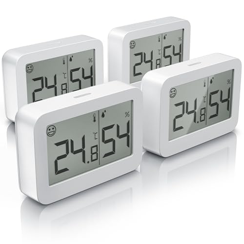 CSL - 4x Thermometer Hygrometer digital Innen - Temperatur und Luftfeuchtigkeit – Komfortsymbole – gut ablesbar – LCD-Anzeige –- inkl. Batterie sowie Magnet und Klebestreifen –weiß