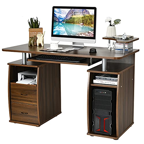 COSTWAY Computertisch Schreibtisch Bürotisch Arbeitstisch PC-Tisch mit Tastaturauszug Druckerablage Schubladen Farbwahl (braun)