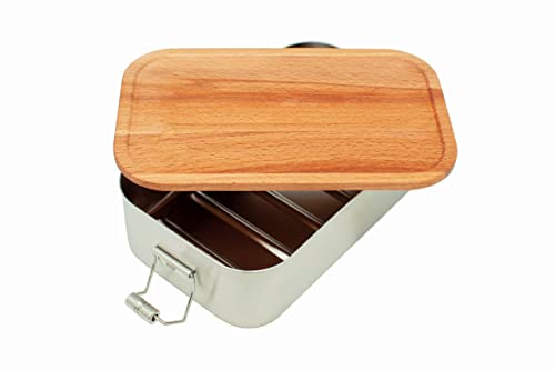 Kronenberg24 Lunchbox aus Edelstahl mit Bambusdeckel, spülmaschinengeeignet, Brotdose 1100ml, 185x110x54mm