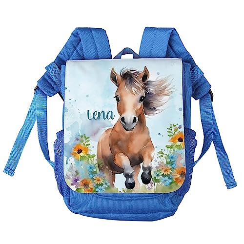 Striefchen® personalisierter Kinderrucksack mit niedlichen Tiermotiven in Aquacolor Optik Pony, Blau