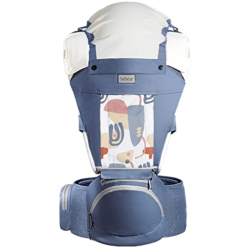 Bebear Babytrage,Bebamour Babytrage mit Hüftsitz mit Kopfbedeckung 3 Saugkissen Extender(Baby Carrier, Foldable Blue)