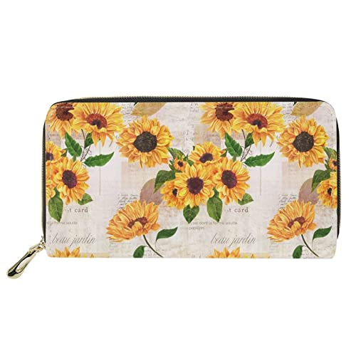 Lsjuee Sunflower Cartonn Bee Flower Schwarzes Blumen-Portemonnaie aus Leder mit Reißverschluss um die Handy-Clutch Große Reise-Geldbörse