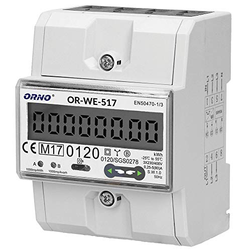 ORNO OR-WE-517 Multitarif Zweiwege Stromzähler Hutschiene 3-Phasen-Anzeige des Stromverbrauchs mit MID Zertifikat, Modbus Kommunikationsprotokoll, 0,25A - 80A, 3 x 230V/400V, 50/60Hz,1000 imp/kWh