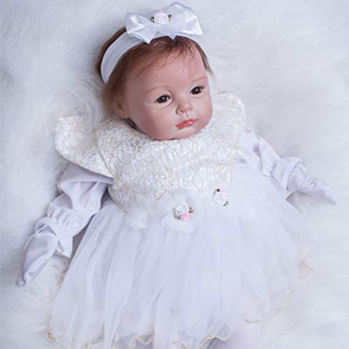 ZIYIUI 22" 55cm Puppe Reborn Babys Mädchen Weich Vinyl Silikon Babypuppen Junge - Tragendes Denim-Kleid des Mädchens Dolls