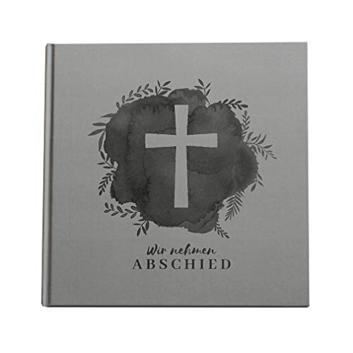 in due Kondolenzbuch ‚Aquarell Kreuz - Wir nehmen Abschied‘ Grau 21 x 21 cm, 144 Seiten weißes Papier blanko Trost Trauer Beerdigung