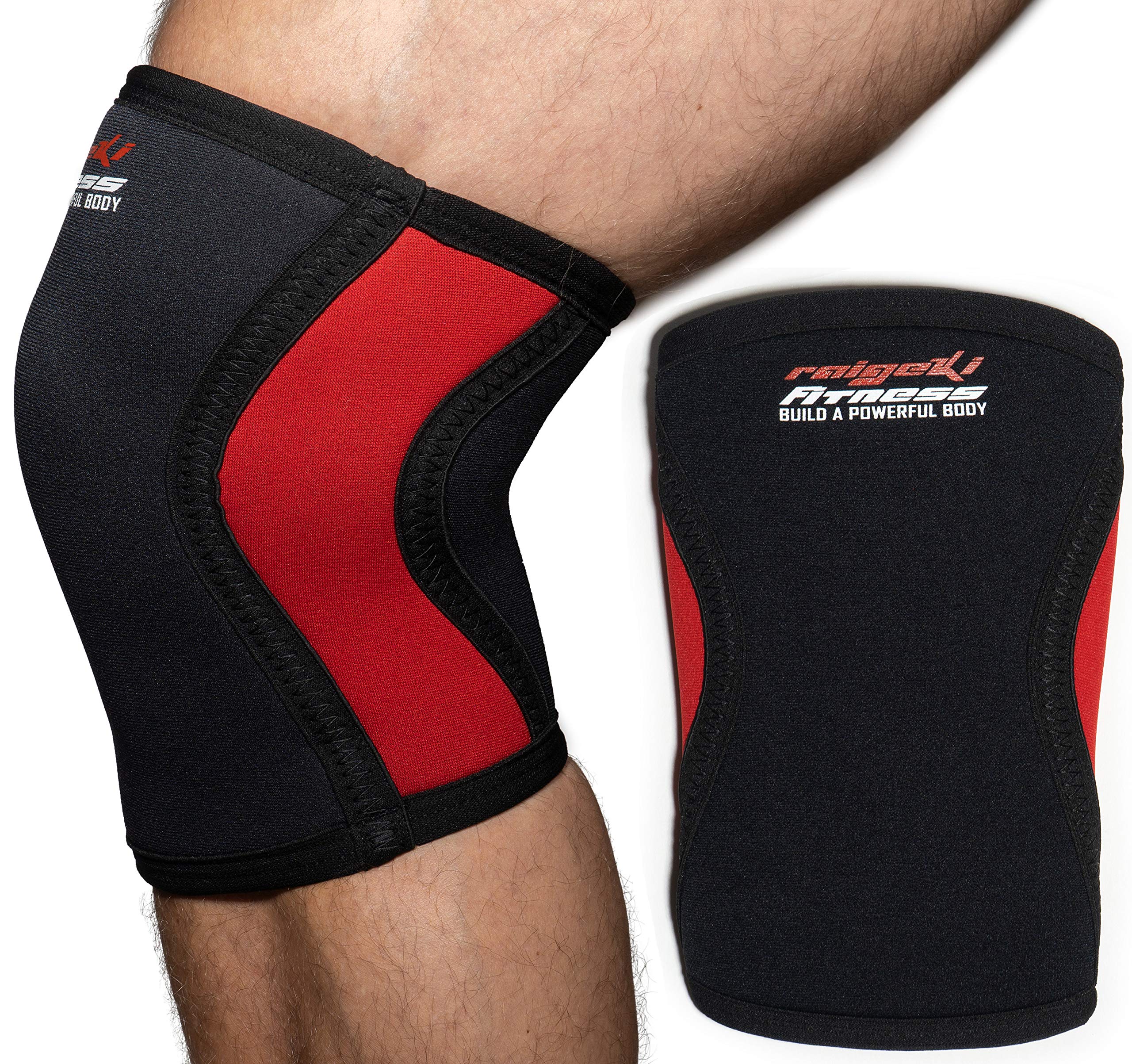 Raigeki Fitness Kniebandage 7mm Neopren [2er Set] Knee Sleeves (+ Trainingspläne) auch für Ellenbogen, Kniestütze, Kniewärmer für Krafttraining, Crossfit, Bodybuilding & Kampfsport (L)