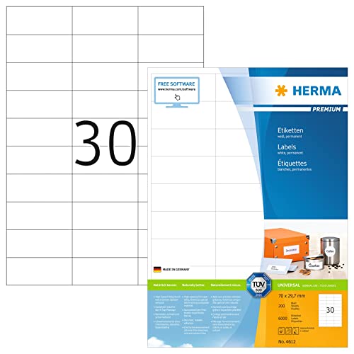 HERMA 4612 Universal Etiketten DIN A4 klein (70 x 29,7 mm, 200 Blatt, Papier, matt) selbstklebend, bedruckbar, permanent haftende Adressaufkleber, 6.000 Klebeetiketten, weiß