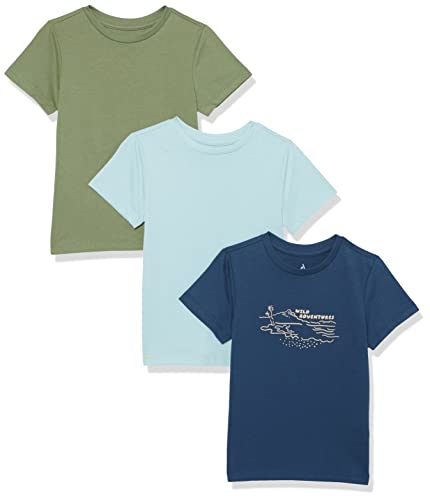 Amazon Aware Jungen Lockeres Kurzarm-T-Shirt aus Bio-Baumwolle, 3er-Pack, Hellblau/Marineblau/Olivgrün, 8 Jahre