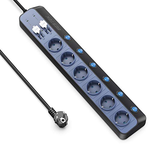 BESTEK Mehrfachsteckdose 3M, USB Steckdosenleiste überspannungsschutz 900J, 3600W/16A 6 Fach 4 USB Verteiler steckdosen kindersicherung, mit einzeln Schalter und Wandmontage Ladestation, Schwarzblau