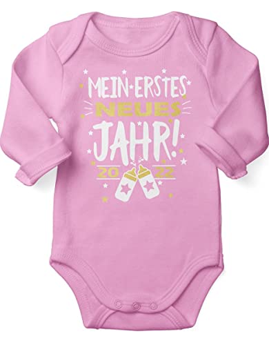 miKalino Babybody mit Spruch für Jungen Mädchen Unisex Langarm Mein erstes neues Jahr! 2022 | handbedruckt in Deutschland | Handmade with love, Farbe:rosa, Grösse:74