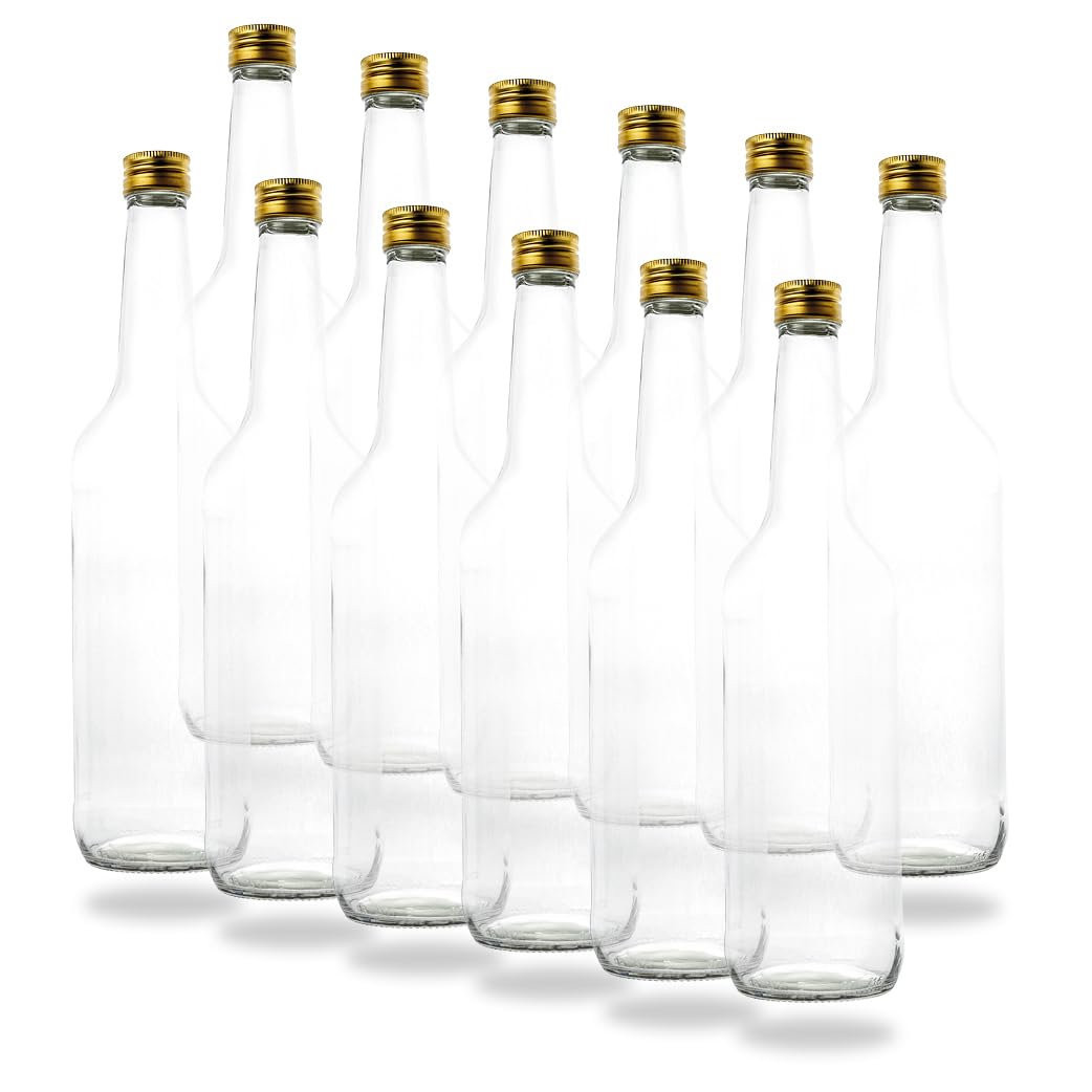 12 leere Glasflaschen 700 ml 0,7 Liter mit PP28 Schraubverschluss Gold – verwendbar als Schnapsflaschen, Likörflaschen 700ml, leere Weinflaschen, Essig und Öl Flaschen Set