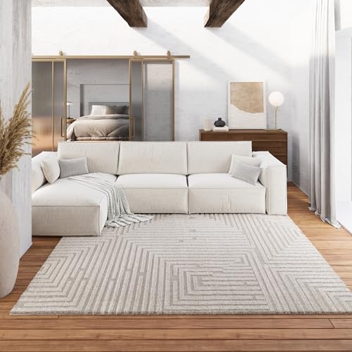 Gewebter pflegeleichter Teppich von WECONhome im Labyrinth Design ideal für Wohnzimmer, Schlafzimmer und Arbeitszimmer- Hillmar (140 x 200 cm, beige)