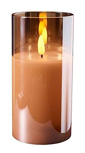 Hochwertige & Edle LED Kerze im Glas - Timer - Realistisch Flackernd - Neuartiges Design (Amber, Höhe: 15cm - Ø 7,5cm)