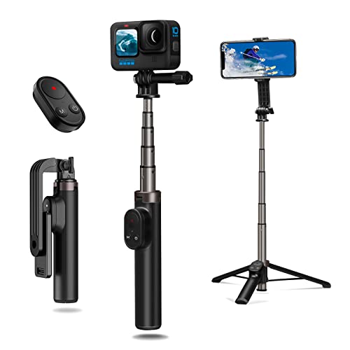 AuyKoo Kabellose Bluetooth-Fernbedienung Selfie Stick Pole Stativ Kompatibel mit GoPro Hero 11 10 9 8 Black GoPro Max mit Handy iPhone 13 12 Pro