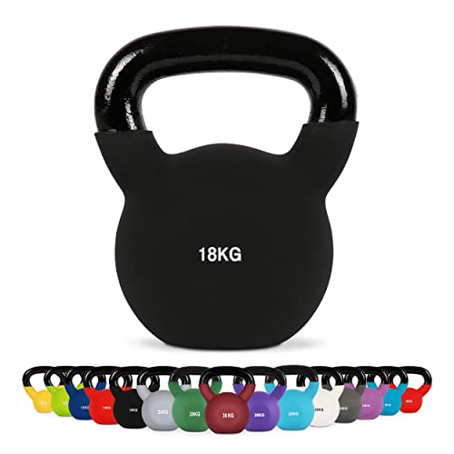 MSPORTS Kettlebell Neopren 2 – 30 kg inkl. Übungsposter (18 Kg - Schwarz) Kugelhantel