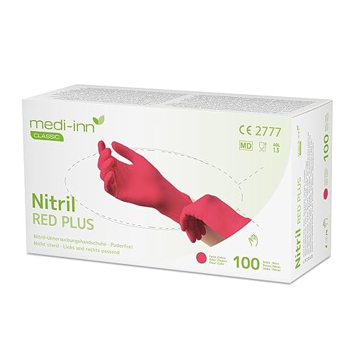Medi-Inn Nitril Red Plus Einmalhandschuhe, rot, puderfrei (Gr. M, 10 x 100 = 1000 Stück)