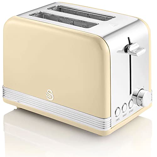 Swan Retro ST19010CNEU Toaster, Brot, breit, 2 Scheiben, Vintage-Design, 3 Funktionen: Auftauen, Aufwärmen, Stornierung, Regler 6 Röststufen, Edelstahl. Creme, 815 W