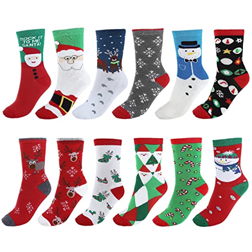 Faleto 12 Paare Mix Design Damen Mädchen Weihnachtssocken Weihnachtsmotiv Weihnachten Socken Festlicher Cotton Socken Christmas socks aus Baumwolle für EU Gr.35-38