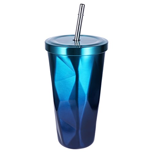 BESTonZON Edelstahl Tumbler mit Stroh Doppelwand Trinkbecher Kaffeetassen 500ml Unregelmäßiger Diamant mit Deckel (Blau-grün)