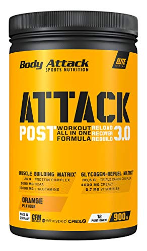 Body Attack POST ATTACK 3.0, Post-Workout-Shake mit Maltodextrin, Creatin, Whey Protein Isolate und Glutamin, 900g, Orange