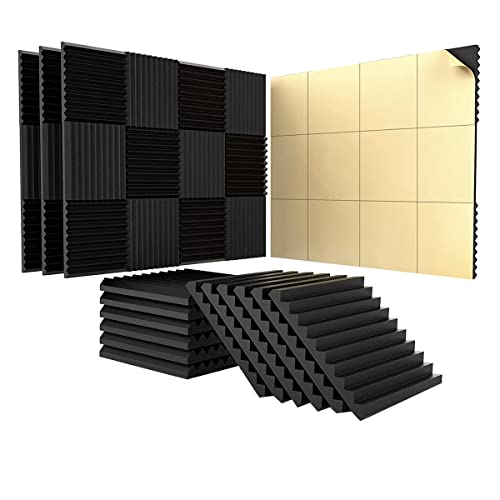 Whisverse 24 Stück Akustikplatten mit selbstklebend, 2,5 x 30,5 x 30,5 cm, schalldichte Schaumstoffplatten, für Heimstudio, Schwarz