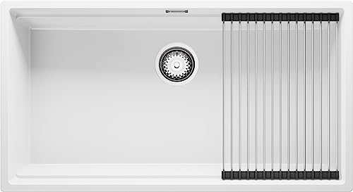 Spülbecken Weiß 86x47 cm, Granitspüle + aufrollbare Abtropffläche + Ablauf-Set, Küchenspüle für 90er Unterschrank, Unterbauspüle von Primagran