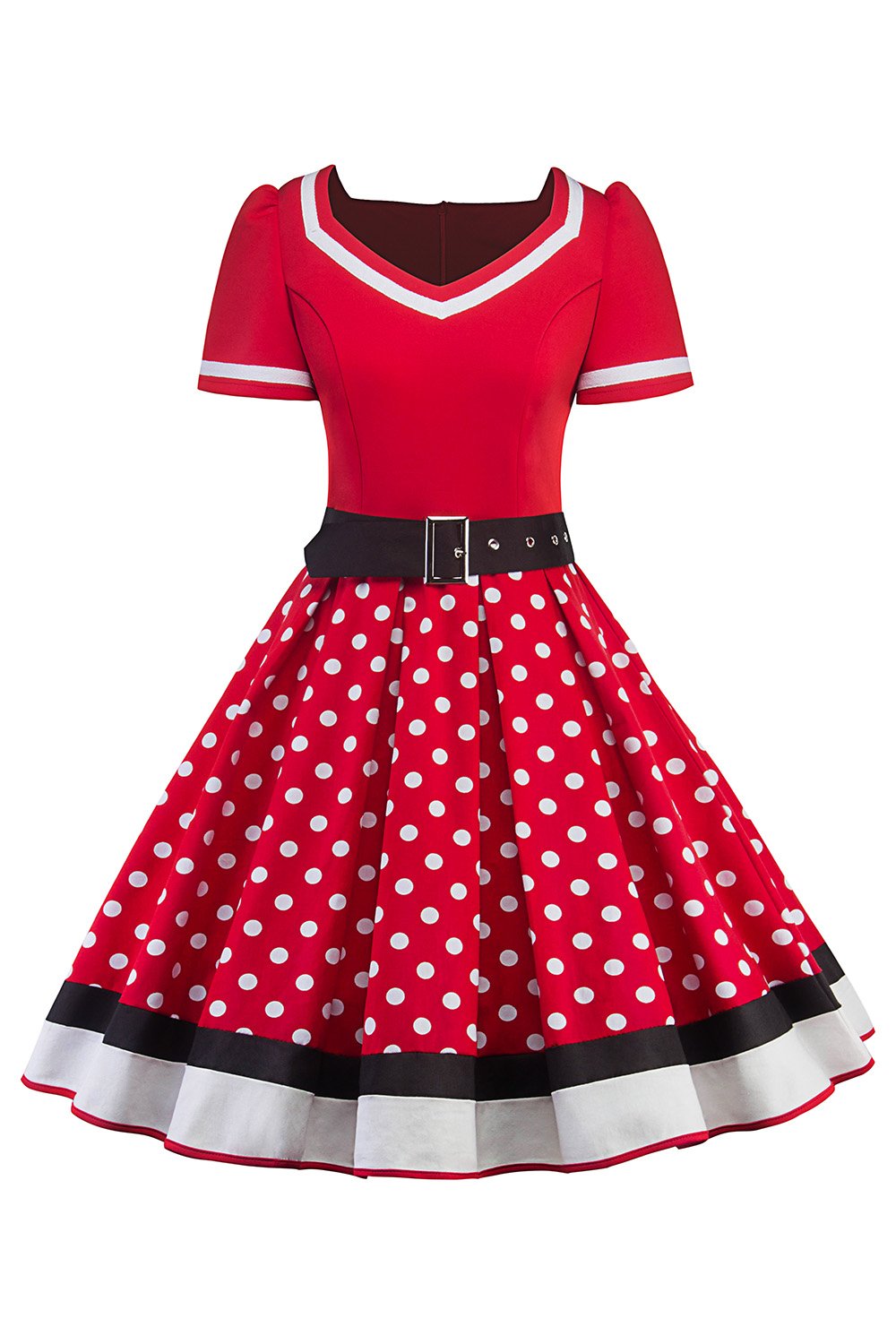 MisShow Damen elegant 50er Jahre Petticoat Kleider Gepunkte Rockabilly Kleider Cocktailkleider, Rot, M