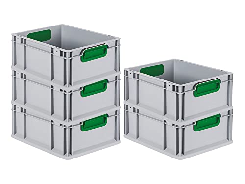 SparSet 5x Eurobox NextGen Color | HxBxT 17x30x40cm | 16 Liter | Griffe grün geschlossen | Glatter Boden | Eurobehälter, Transportbox, Transportbehälter, Stapelbehälter