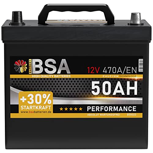 BSA ASIA Autobatterie 50Ah 12V 470A/EN ASIA Batterie Plus-Pol Rechts 30% mehr Startleistung ersetzt 45Ah 47Ah