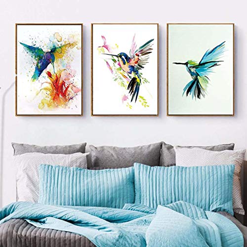 OKYQZ (Kunstdruck) Bilder Bunte abstrakte Kolibri Picking Nektar Leinwand Malerei Aquarell Drucke Wohnzimmer Home Decor (40x60cm) x3 Rahmenlos