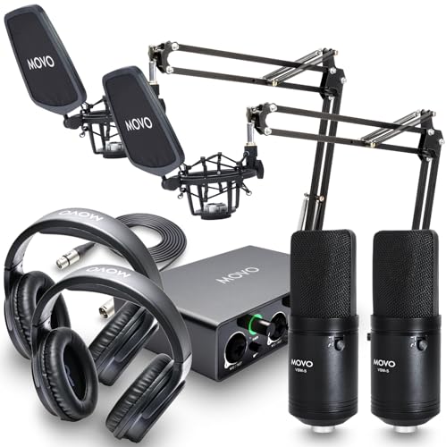 Movo 2er Pack VSM-5 Großmembran Professionelles Kondensatormikrofon-Kit mit MDX-1 2x2 Audio-Schnittstelle mit Mikrofonarm Ständer und Studio-Kopfhörern – Podcast-Ausrüstungsset für YouTube, Podcast,
