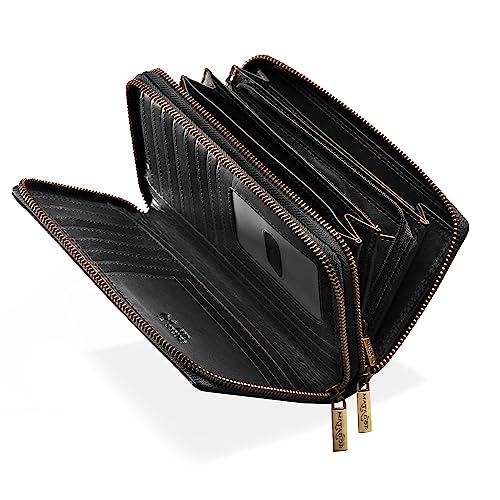 MATADOR Damen/Frauen Geldbörse RFID Schutz Portemonnaie Rinds Leder Geldtasche mit Doppelter Metall Reißverschluss viele Kartenfächer (Schwarz)