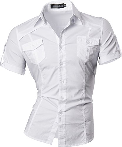 jeansian Herren Freizeit Hemden Shirt Tops Mode Kurzarm-shirts Slim Fit 8360_White L [Apparel]