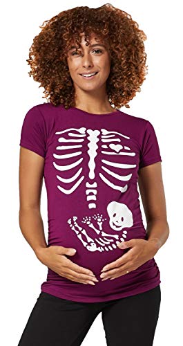 Happy Mama Damen Baby Bauch Skelett T-Shirt Jersey Oberteil für Schwangere. 085p (Pflaume, EU 38/40, L)